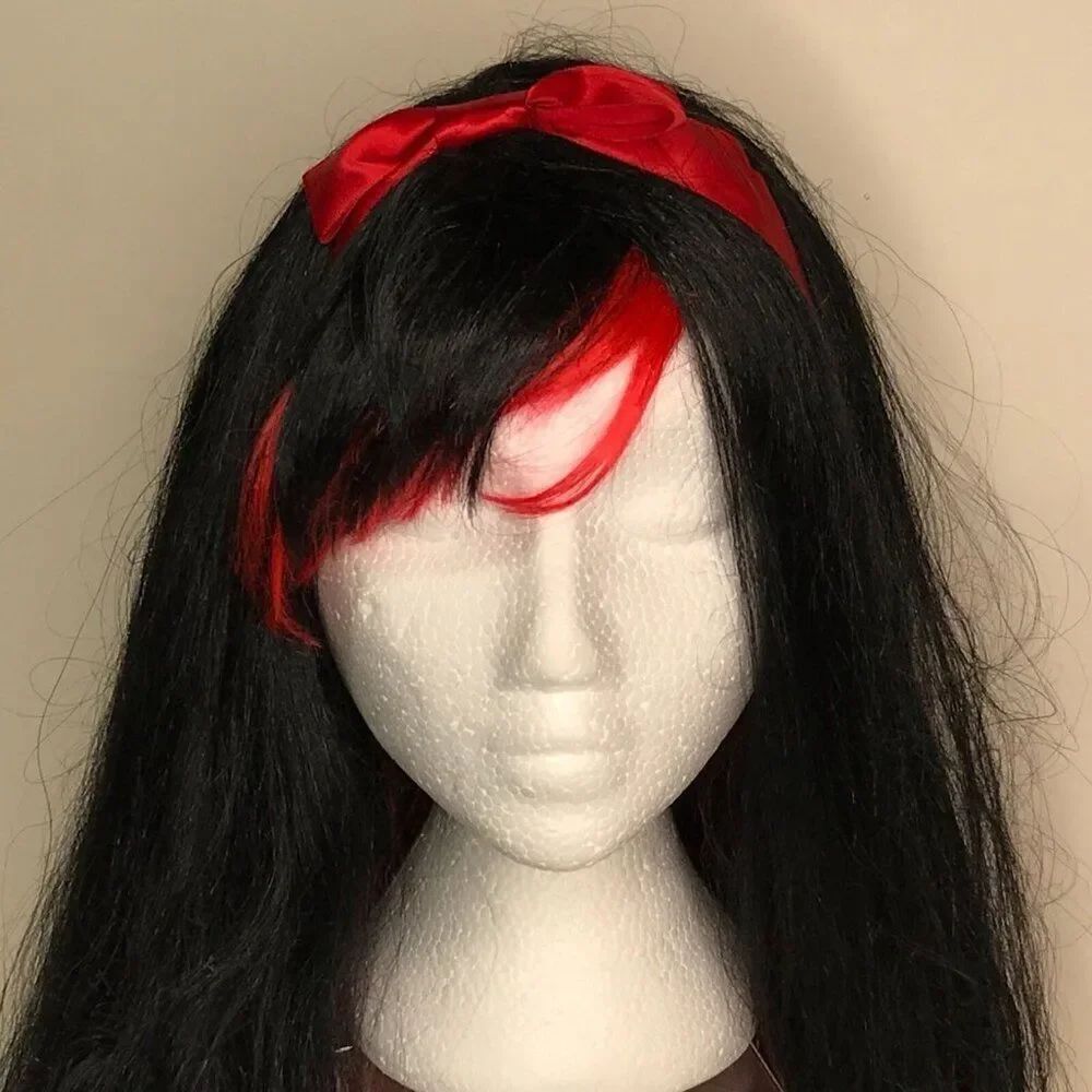 Snow White Black Wig Red Tips Bangs Bow Dress up Halloween Costume Rockabilly